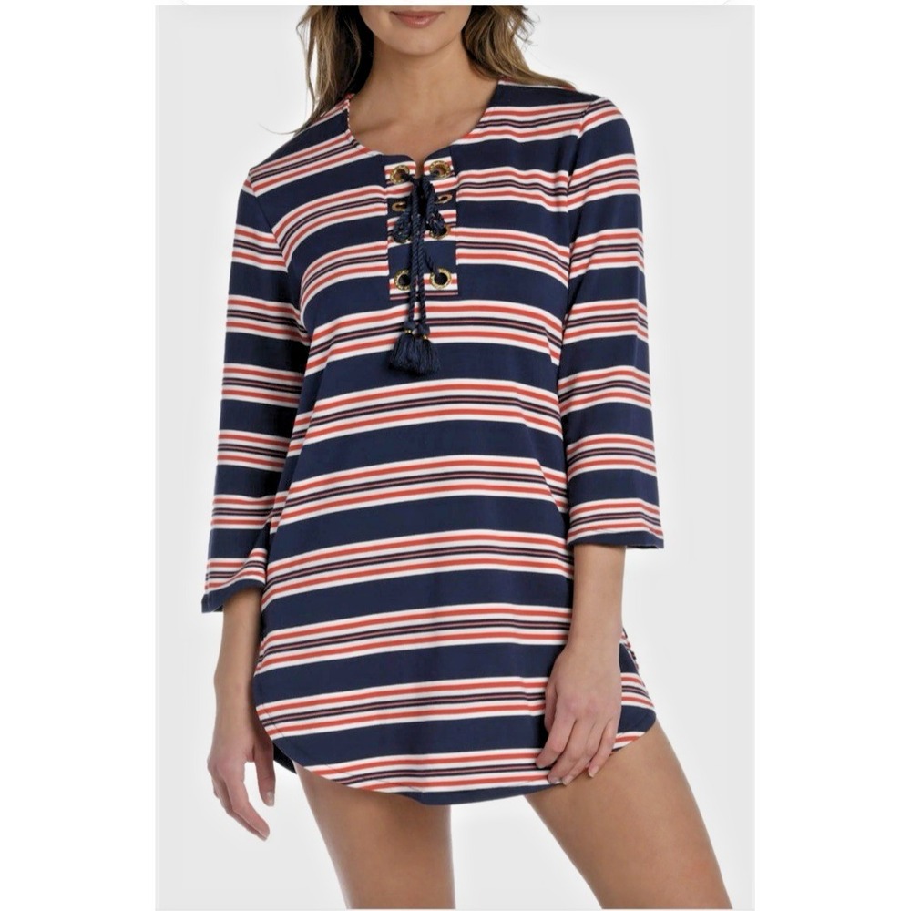 La Blanca Size S Sailor Stripe Lace Up Swim Cover  Tunic Dress America Flag USA